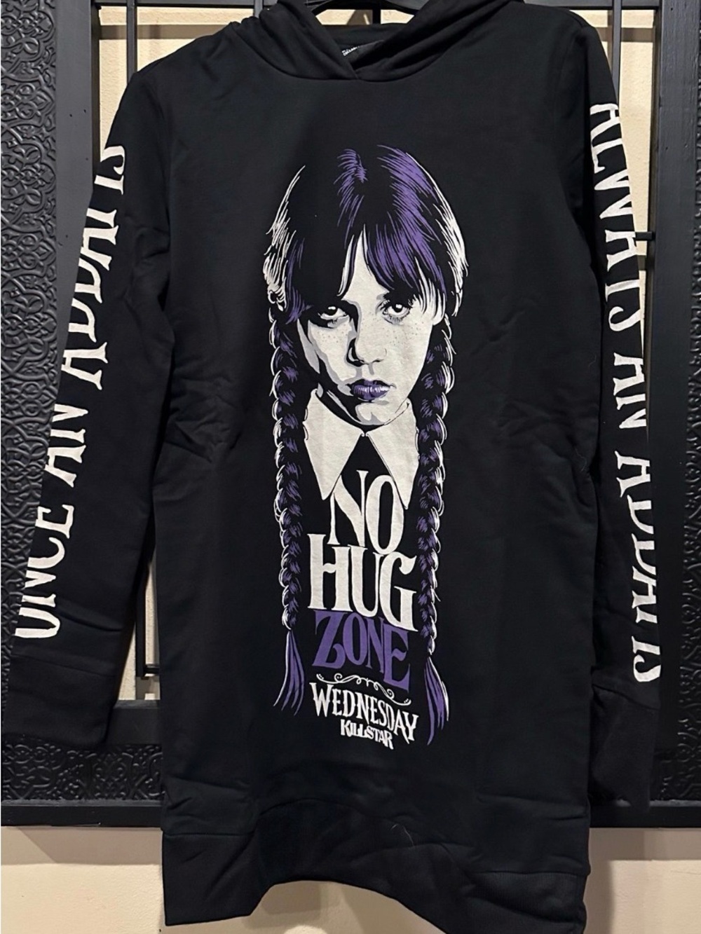 Killstar Black Hoodie with Purple & White 'No Hug Zone' Wednesday Graphic